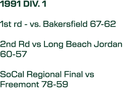 1991 DIV. 1 1st rd vs. Bakersfield 67 62 2nd Rd vs Long Beach Jordan 60 57 SoCal Regional Final vs Freemont 78 59