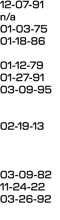 12 07 91 n/a 01 03 75 01 18 86 01 12 79 01 27 91 03 09 95 02 19 13 03 09 82 11 24 22 03 26 92