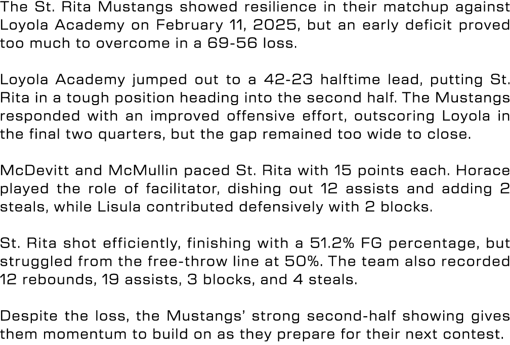 The St. Rita Mustangs showed resilience in their matchup against Loyola Academy on February 11, 2025, but an early de...