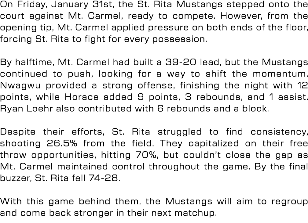 On Friday, January 31st, the St. Rita Mustangs stepped onto the court against Mt. Carmel, ready to compete. However, ...