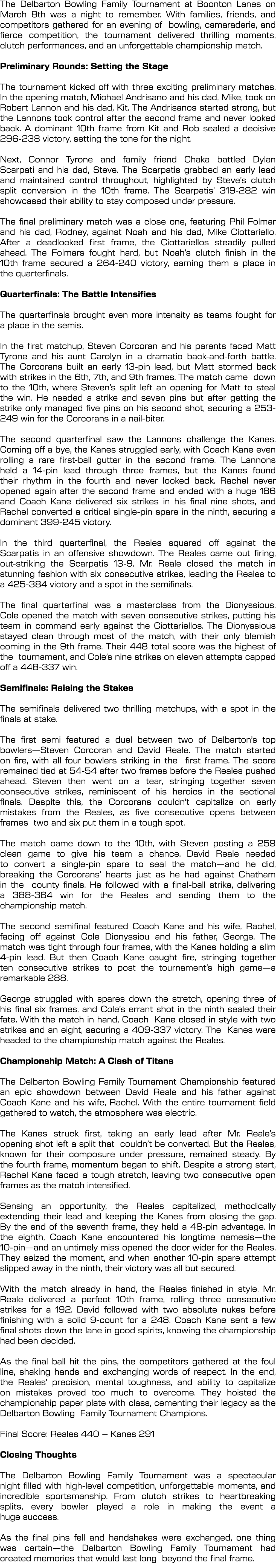 The Delbarton Bowling Family Tournament at Boonton Lanes on March 8th was a night to remember. With families, friends...