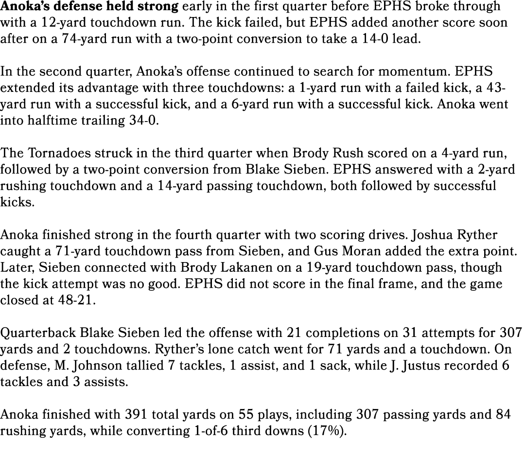 Anoka’s defense held strong early in the first quarter before EPHS broke through with a 12 yard touchdown run. The ki...