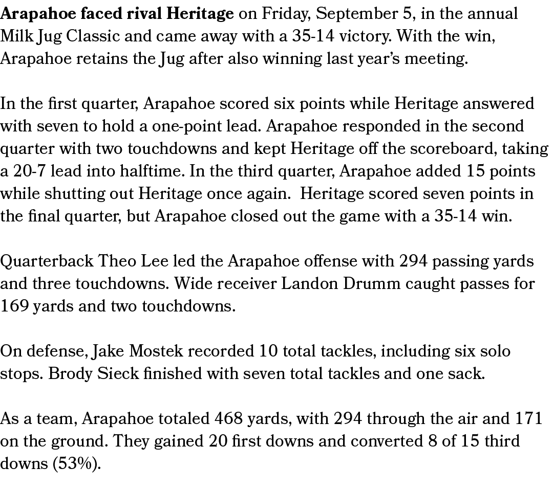 Arapahoe faced rival Heritage on Friday, September 5, in the annual Milk Jug Classic and came away with a 35 14 victo...