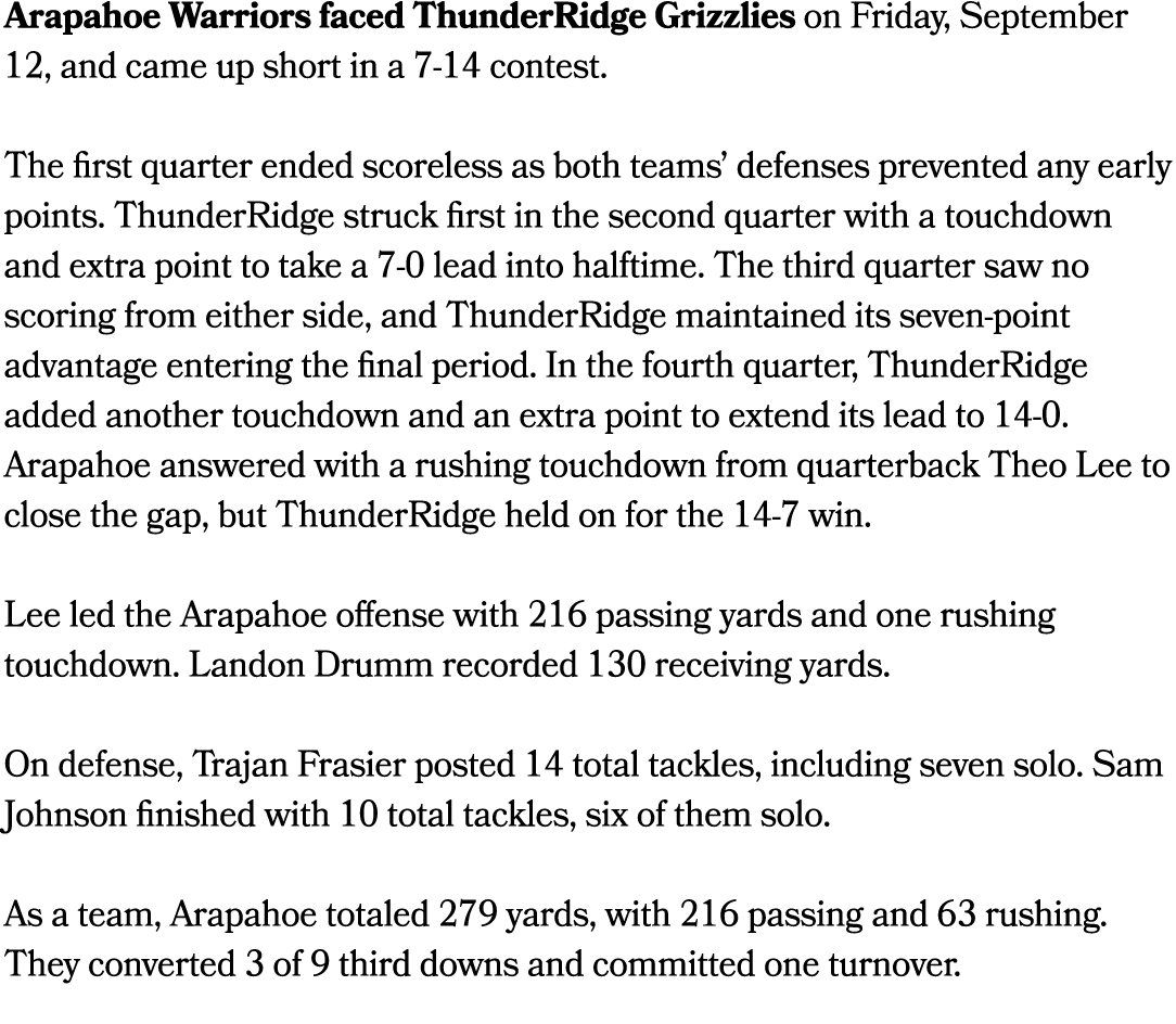 Arapahoe Warriors faced ThunderRidge Grizzlies on Friday, September 12, and came up short in a 7 14 contest. The firs...