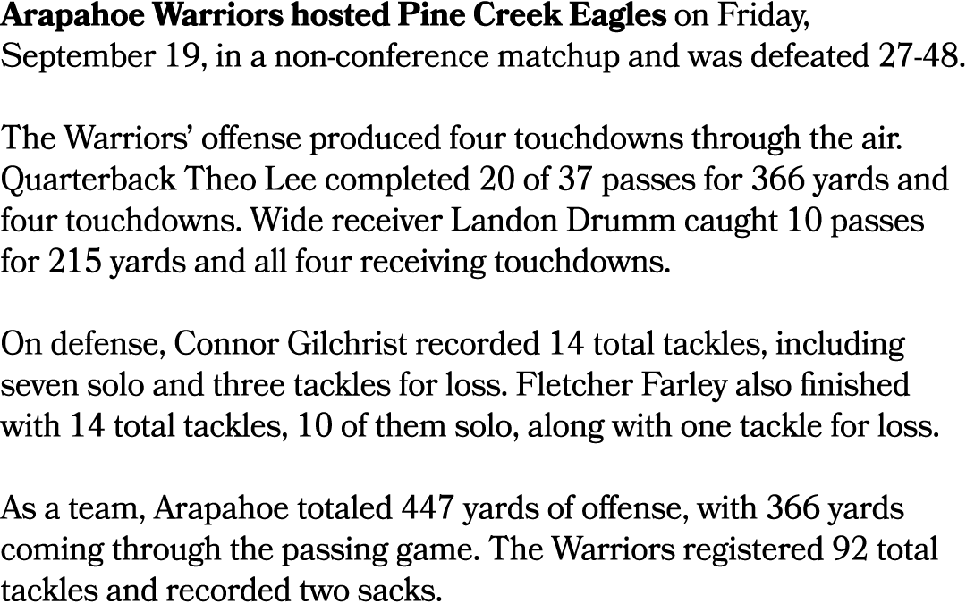 Arapahoe Warriors hosted Pine Creek Eagles on Friday, September 19, in a non conference matchup and was defeated 27 4...