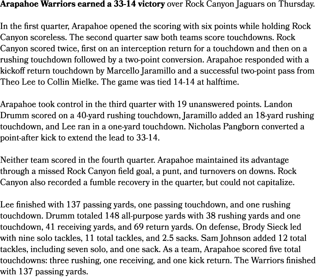 Arapahoe Warriors earned a 33 14 victory over Rock Canyon Jaguars on Thursday. In the first quarter, Arapahoe opened ...