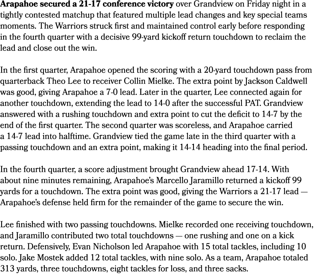 Arapahoe secured a 21 17 conference victory over Grandview on Friday night in a tightly contested matchup that featur...