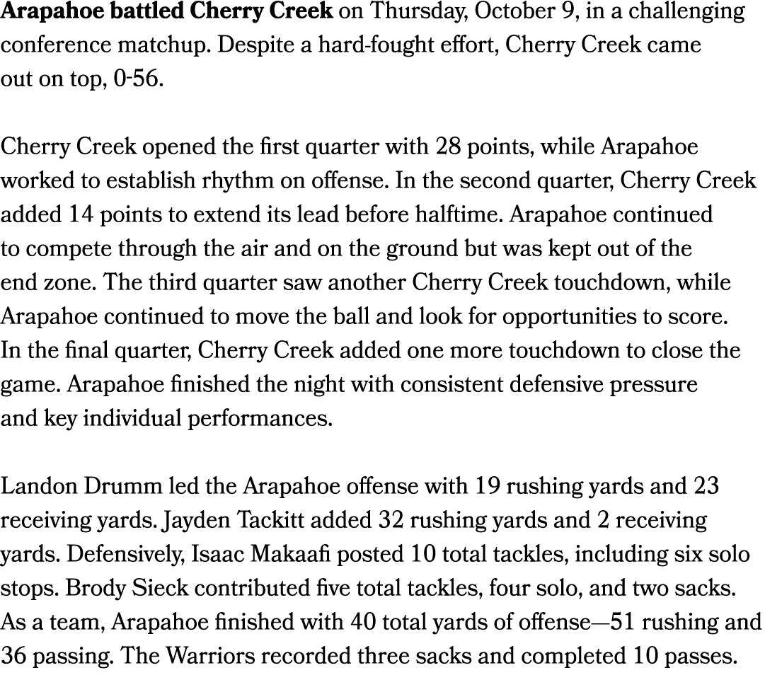 Arapahoe met Cherry Creek on Thursday, October 9, in a conference matchup that tested both sides. Cherry Creek came a...