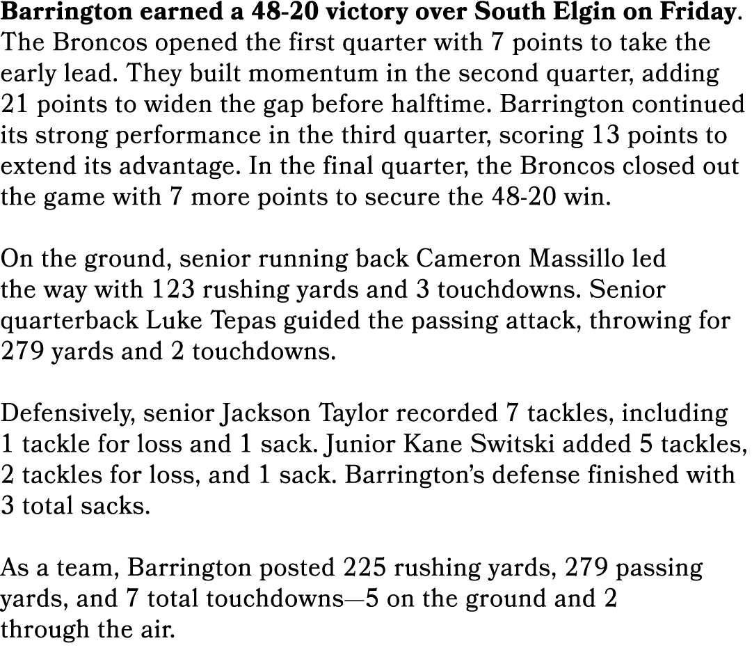 Barrington came out firing Friday night, jumping ahead 7–6 after the first quarter before breaking the game wide open...