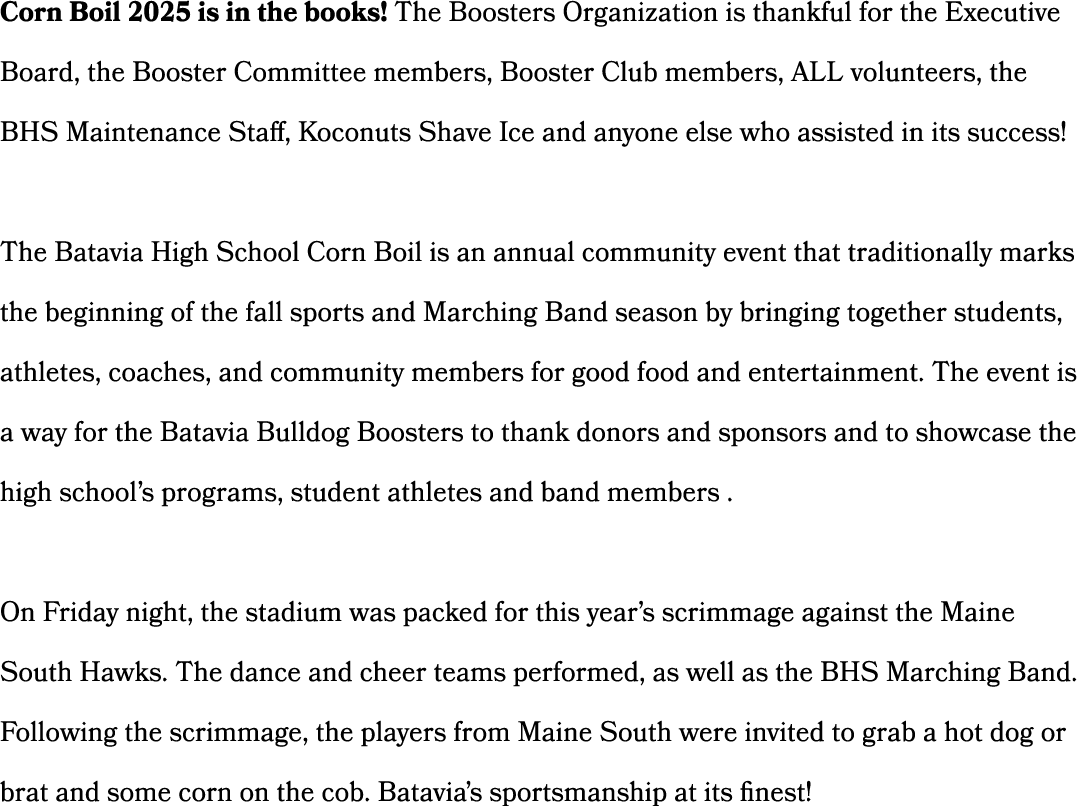 Corn Boil 2025 is in the books! The Boosters Organization is thankful for the Executive Board, the Booster Committee ...