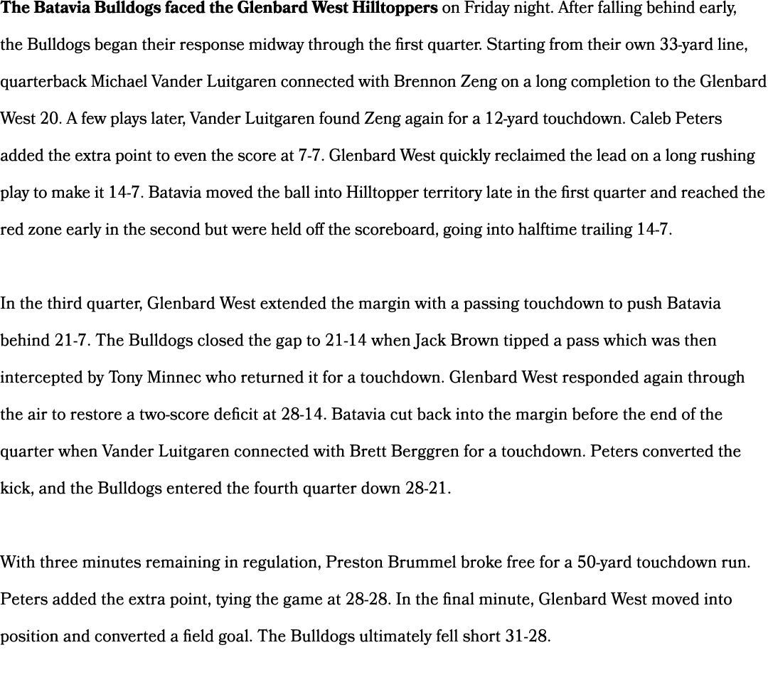 The Batavia Bulldogs faced the Glenbard West Hilltoppers on Friday night. After falling behind early, the Bulldogs be...