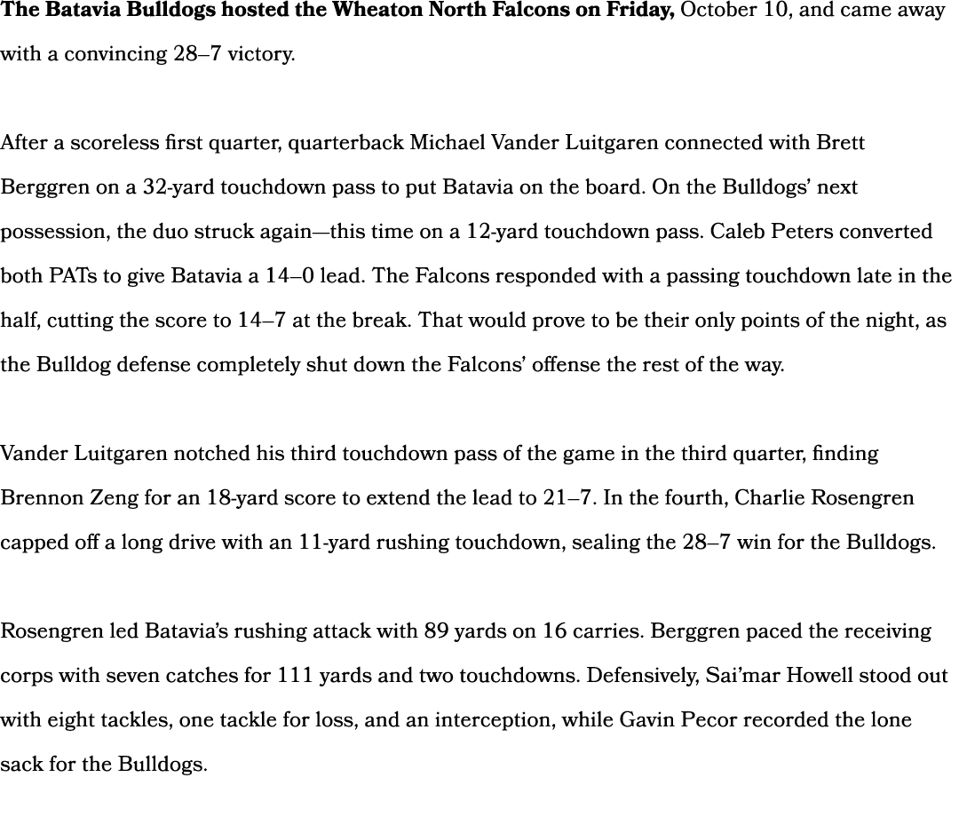 The Batavia Bulldogs hosted the Wheaton North Falcons on Friday, October 10, and came away with a convincing 28–7 vic...