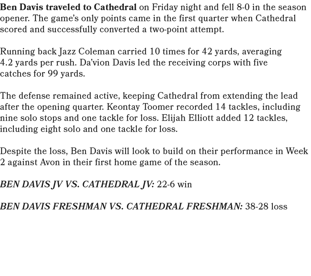 Ben Davis traveled to Cathedral on Friday night and fell 8 0 in the season opener. The game’s only points came in the...
