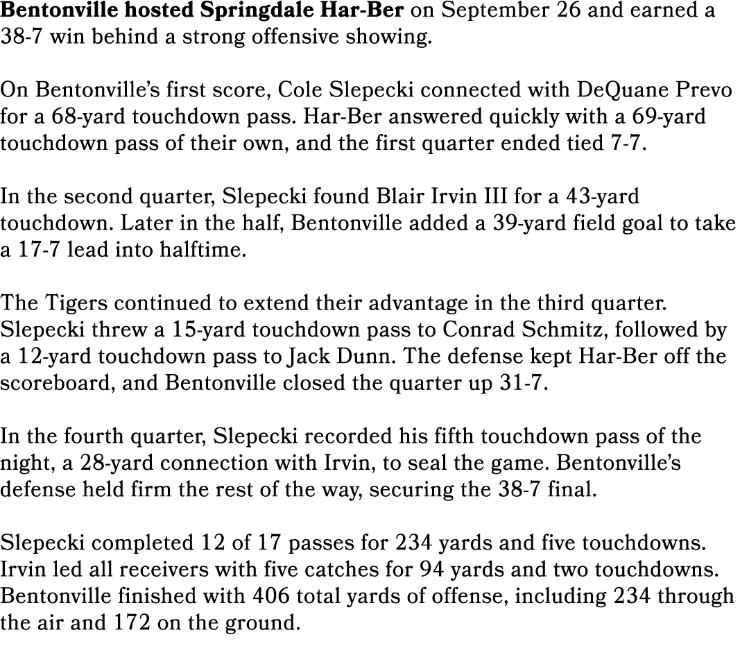 Bentonville hosted Springdale Har Ber on September 26 and earned a 38 7 win behind a strong offensive showing. On Ben...