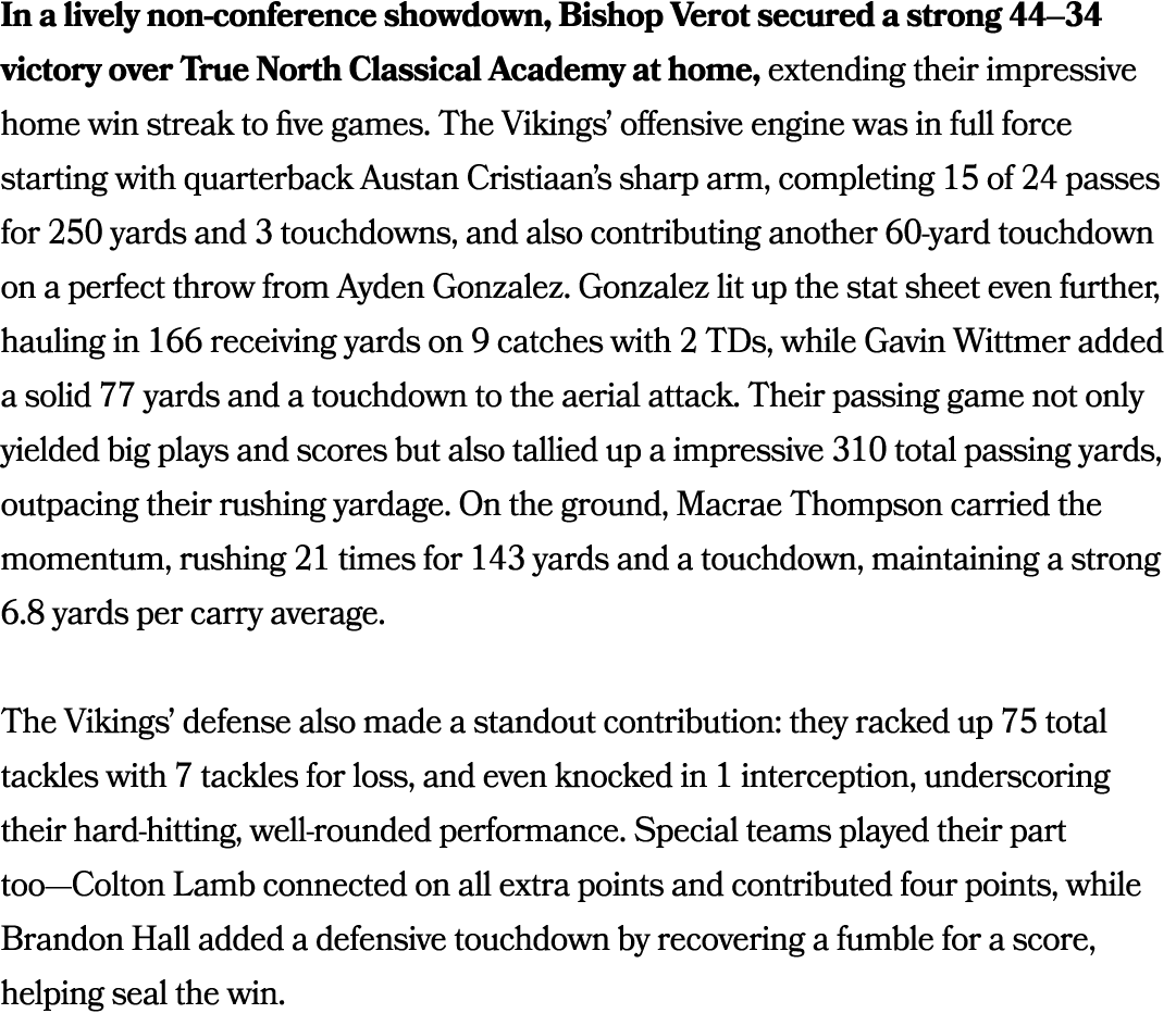 In a lively non‑conference showdown, Bishop Verot secured a strong 44–34 victory over True North Classical Academy at...