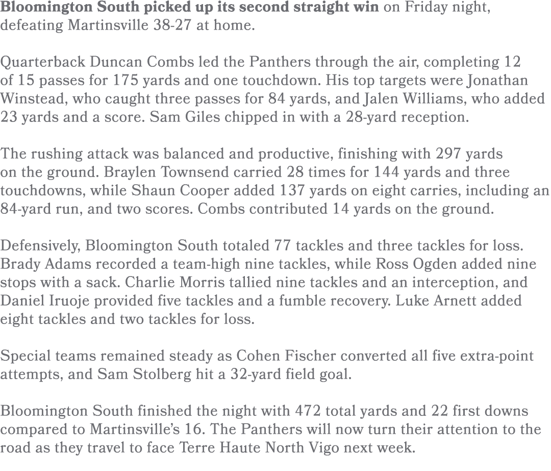Bloomington South picked up its second straight win on Friday night, defeating Martinsville 38 27 at home. Quarterbac...