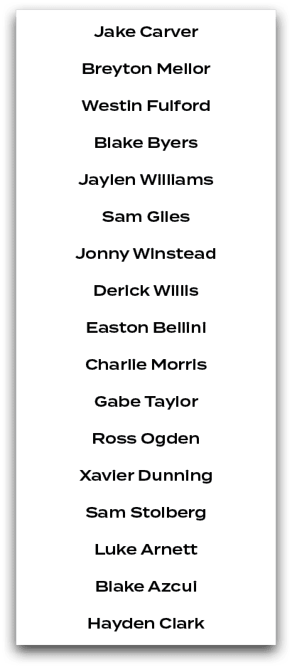 Jake Carver Breyton Mellor Westin Fulford Blake Byers Jaylen Williams Sam Giles Jonny Winstead Derick Willis Easton B...