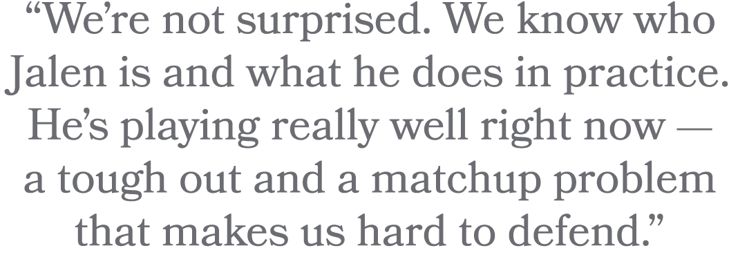 “We’re not surprised. We know who Jalen is and what he does in practice. He’s playing really well right now — a tough...