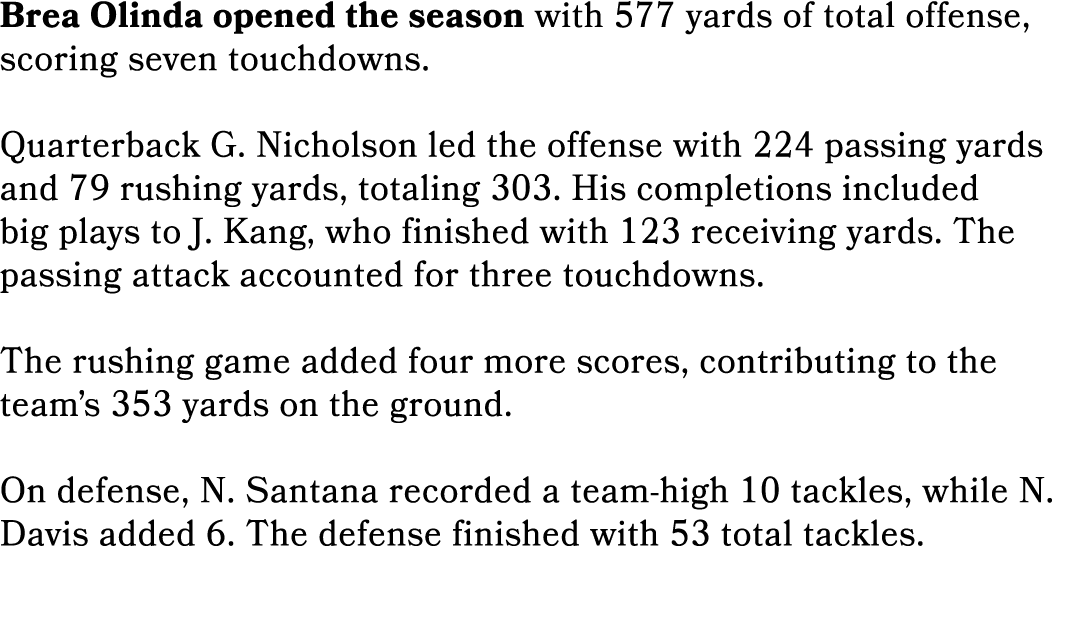 Brea Olinda opened the season with 577 yards of total offense, scoring seven touchdowns. Quarterback G. Nicholson led...