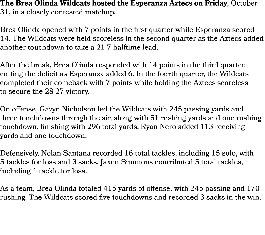 The Brea Olinda Wildcats hosted the Esperanza Aztecs on Friday, October 31, in a closely contested matchup. Brea Olin...