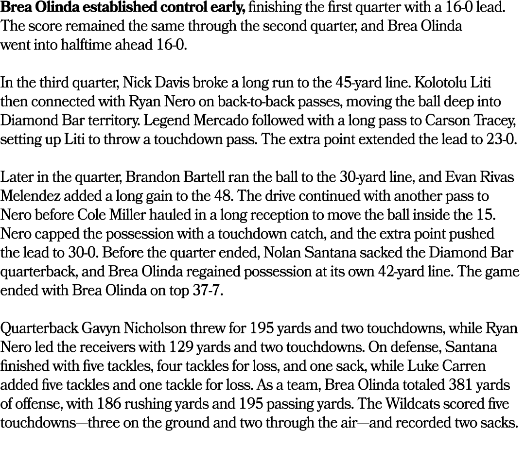 Brea Olinda established control early, finishing the first quarter with a 16 0 lead. The score remained the same thro...