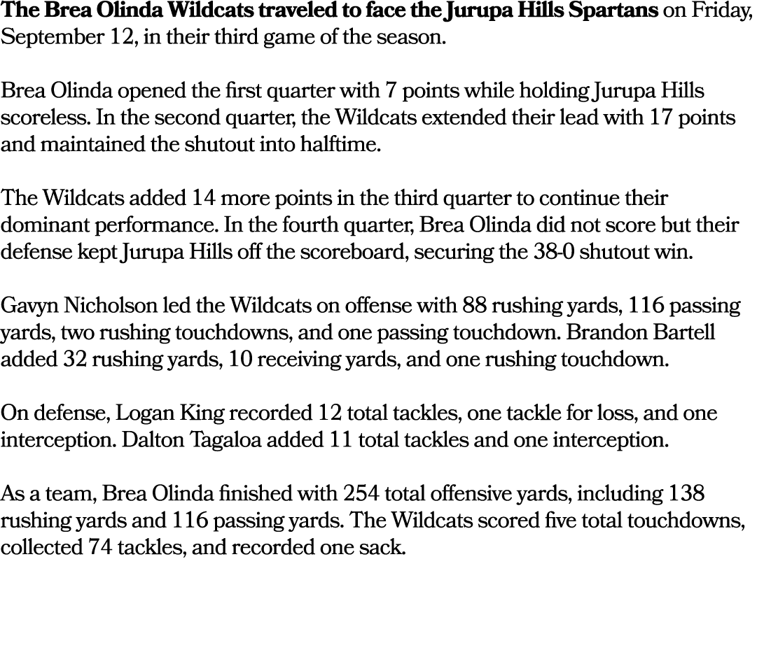 The Brea Olinda Wildcats traveled to face the Jurupa Hills Spartans on Friday, September 12, in their third game of t...