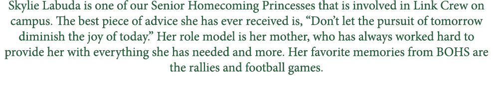 Skylie Labuda is one of our Senior Homecoming Princesses that is involved in Link Crew on campus. The best piece of a...