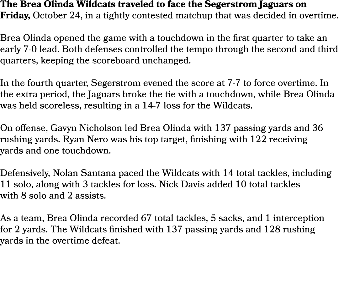 The Brea Olinda Wildcats traveled to face the Segerstrom Jaguars on Friday, October 24, in a tightly contested matchu...