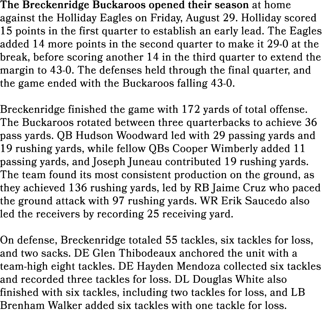 The Breckenridge Buckaroos opened their season at home against the Holliday Eagles on Friday, August 29. Holliday sco...