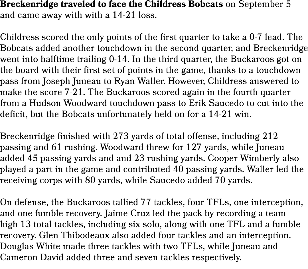 Breckenridge traveled to face the Childress Bobcats on September 5 and came away with with a 14 21 loss. Childress sc...