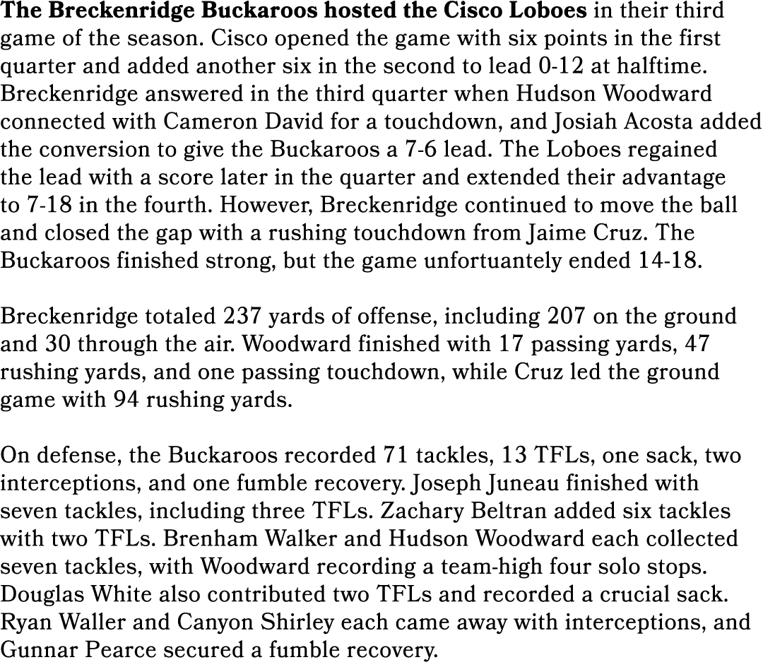 The Breckenridge Buckaroos hosted the Cisco Loboes in their third game of the season. Cisco opened the game with six ...