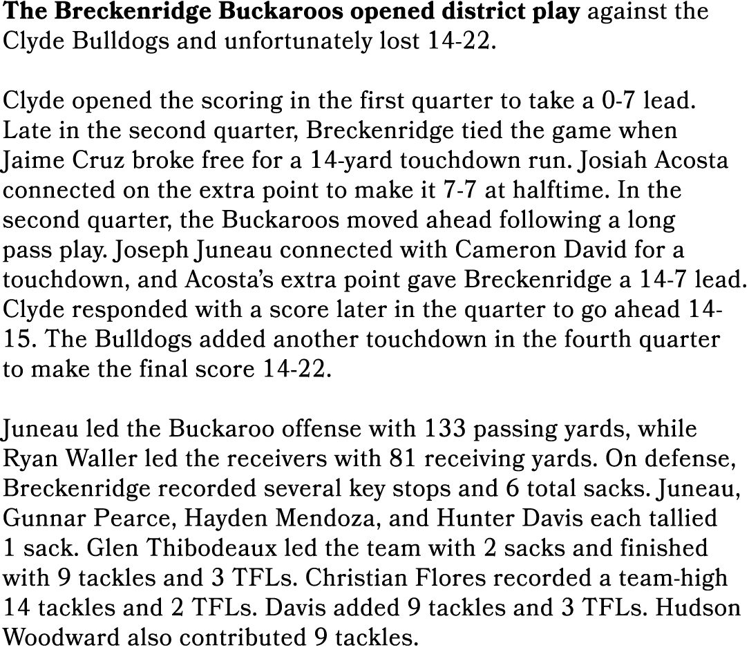 The Breckenridge Buckaroos opened district play against the Clyde Bulldogs and unfortunately lost 14 22. Clyde opened...