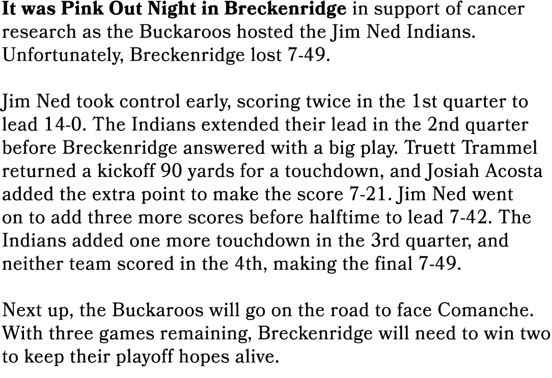 It was Pink Out Night in Breckenridge in support of cancer research as the Buckaroos hosted the Jim Ned Indians. Unfo...