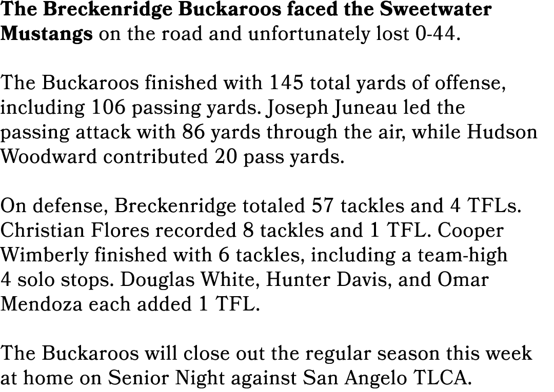 The Breckenridge Buckaroos faced the Sweetwater Mustangs on the road and unfortunately lost 0 44. The Buckaroos finis...