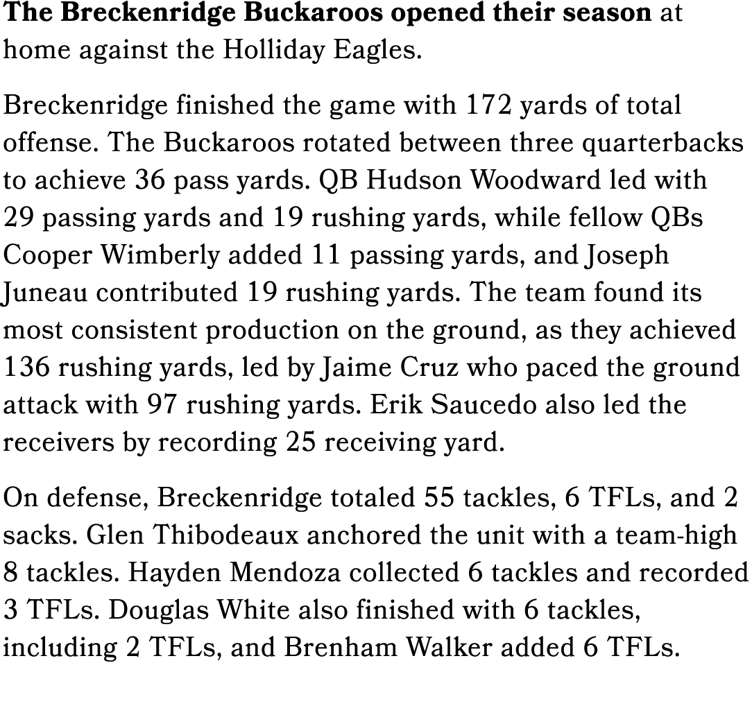 The Breckenridge Buckaroos opened their season at home against the Holliday Eagles. Breckenridge finished the game wi...