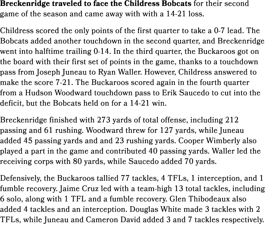 Breckenridge traveled to face the Childress Bobcats for their second game of the season and came away with with a 14 ...