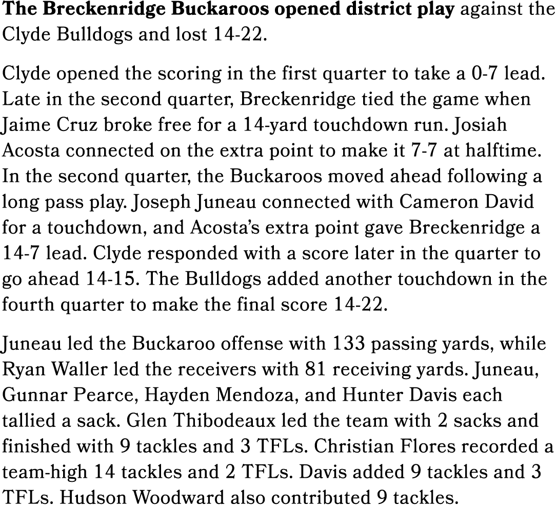 The Breckenridge Buckaroos opened district play against the Clyde Bulldogs and lost 14 22. Clyde opened the scoring i...