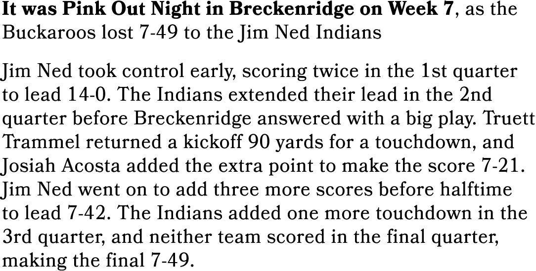 It was Pink Out Night in Breckenridge on Week 7, as the Buckaroos lost 7 49 to the Jim Ned Indians Jim Ned took contr...