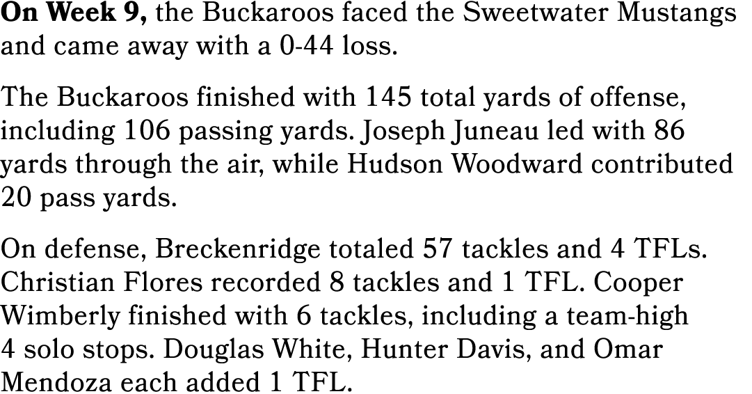 On Week 9, the Buckaroos faced the Sweetwater Mustangs and came away with a 0 44 loss. The Buckaroos finished with 14...