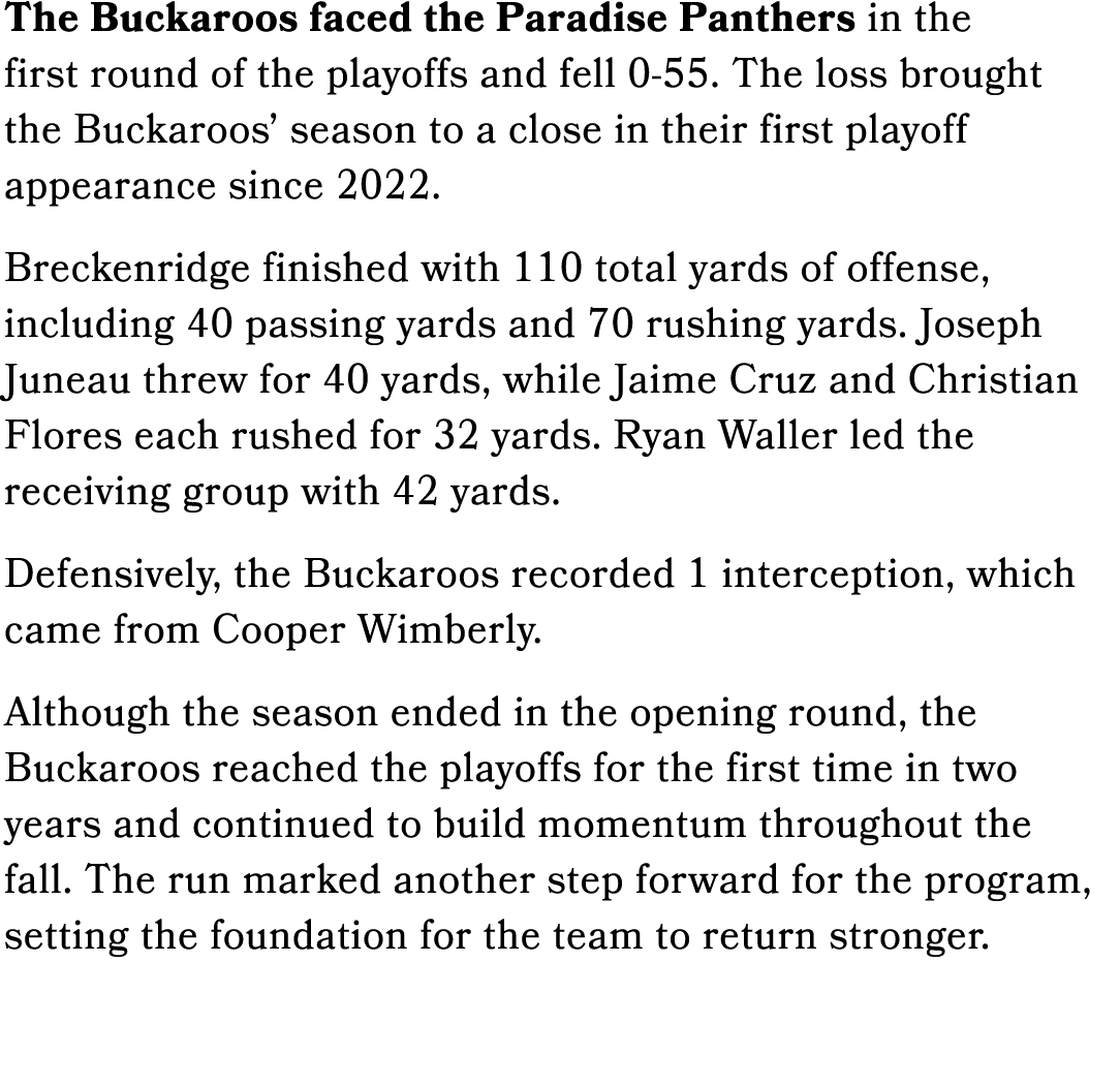 The Buckaroos faced the Paradise Panthers in the first round of the playoffs and fell 0 55. The loss brought the Buck...