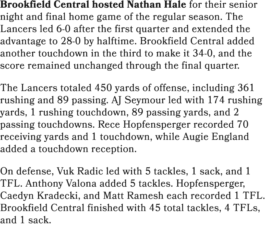 Brookfield Central hosted Nathan Hale for their senior night and final home game of the regular season. The Lancers l...