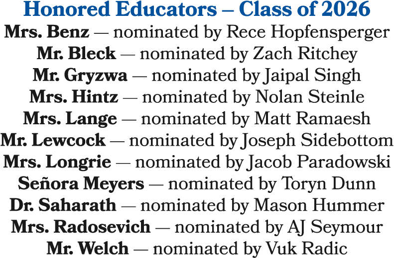 Honored Educators – Class of 2026 Mrs. Benz — nominated by Rece Hopfensperger Mr. Bleck — nominated by Zach Ritchey M...
