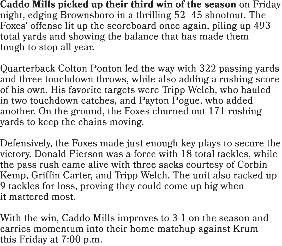 Caddo Mills picked up their third win of the season on Friday night, edging Brownsboro in a thrilling 52–45 shootout....