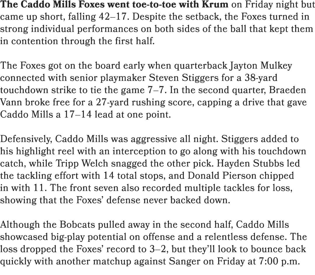 The Caddo Mills Foxes went toe to toe with Krum on Friday night but came up short, falling 42–17. Despite the setback...