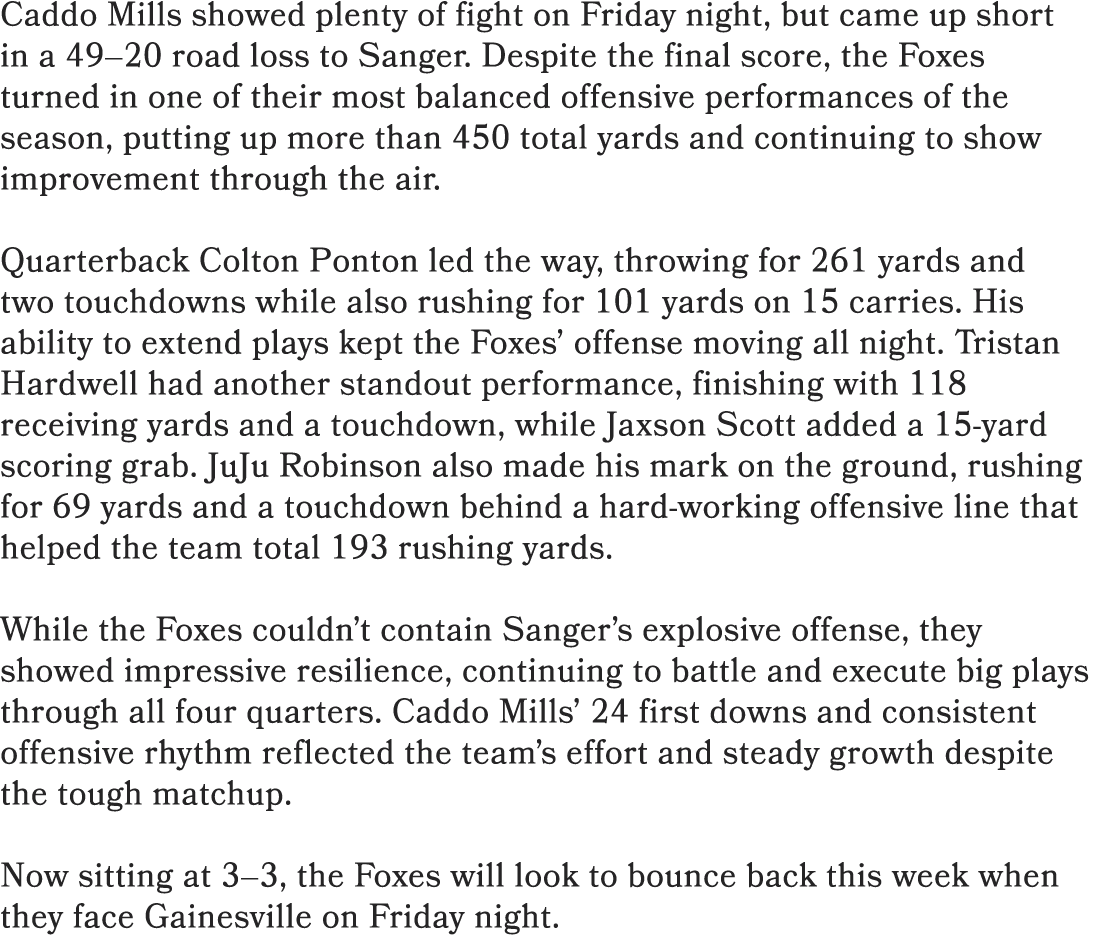 Caddo Mills showed plenty of fight on Friday night, but came up short in a 49–20 road loss to Sanger. Despite the fin...