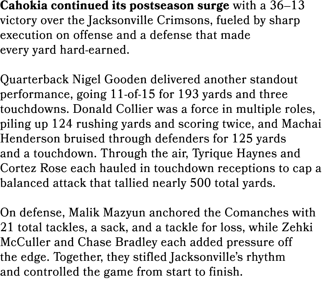 Cahokia continued its postseason surge with a 36–13 victory over the Jacksonville Crimsons, fueled by sharp execution...