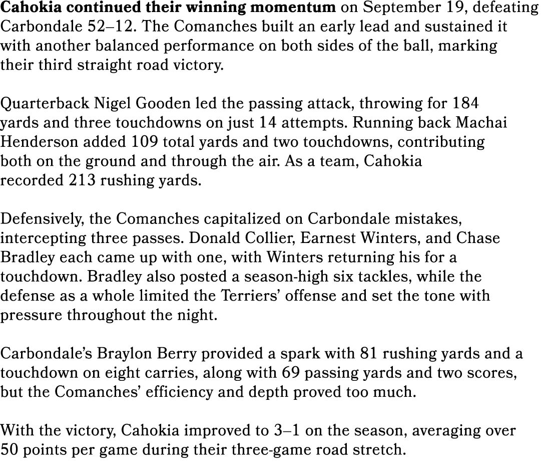 Cahokia continued their winning momentum on September 19, defeating Carbondale 52–12. The Comanches built an early le...