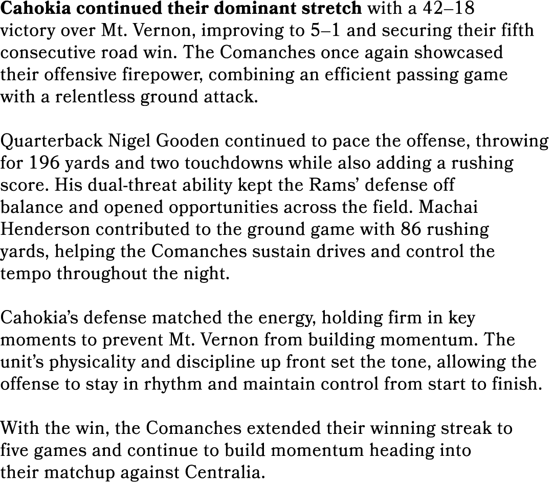 Cahokia continued their dominant stretch with a 42–18 victory over Mt. Vernon, improving to 5–1 and securing their fi...