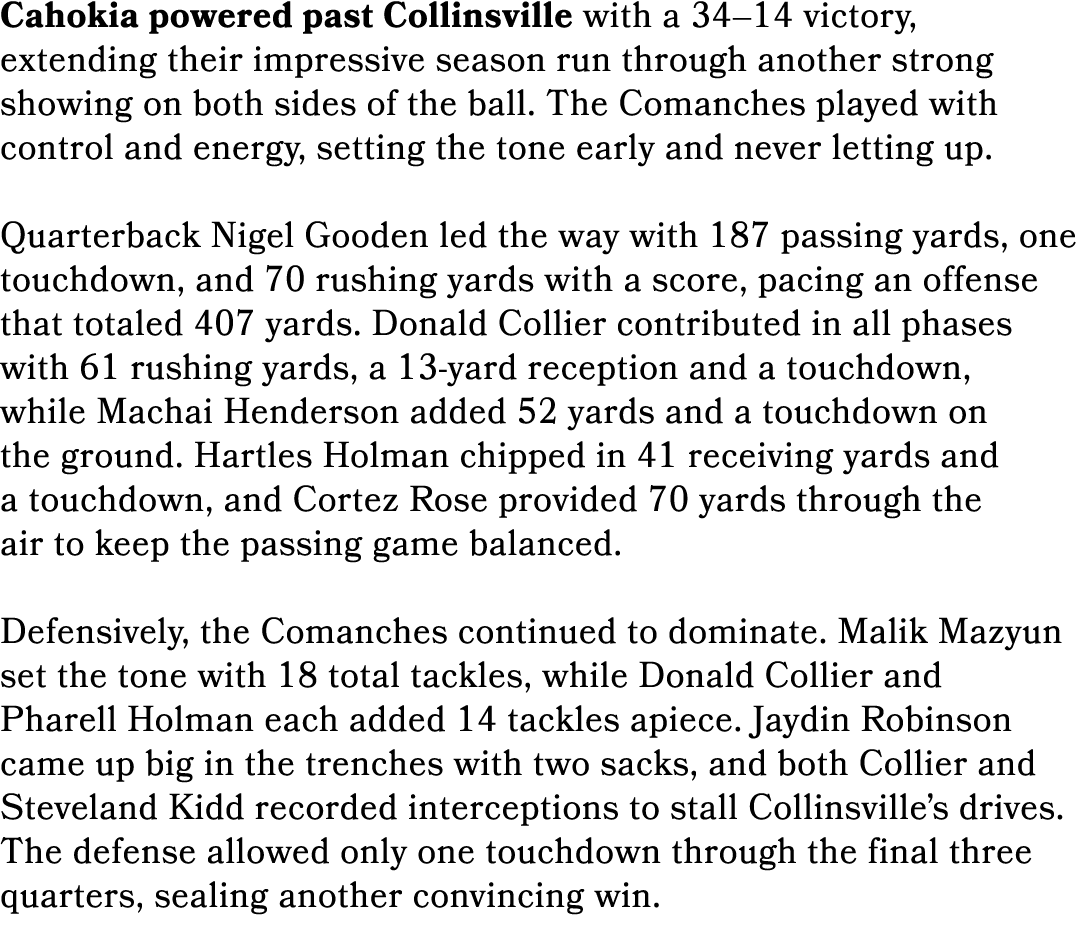 Cahokia powered past Collinsville with a 34–14 victory, extending their impressive season run through another strong ...