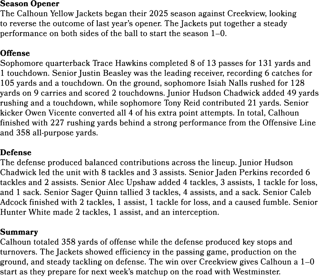 Season Opener The Calhoun Yellow Jackets began their 2025 season against Creekview, looking to reverse the outcome of...